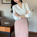 V-neck Long Sleeve Loose Korean Style Summer Business Chiffon Blouse Women