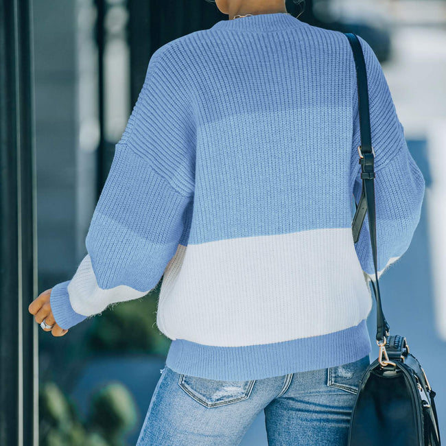 Women Knitted Stitching Loose Contrast Sweater Main Image