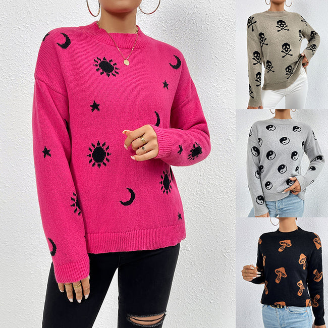 Jacquard Round Neck Pullover Knitted Sweater Women Main Image