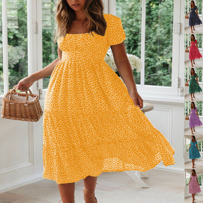 Square Collar Short Sleeve Dress Summer Puff Floral Printed Dress Long Dresses Hover Image