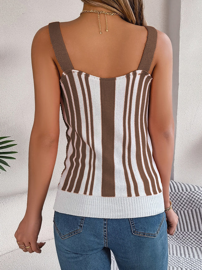 V-Neck Buttoned Color Block Hollow Out Knit Top - Vacation Cami Main Image