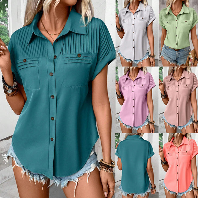 Lapel Shoulder Pleated Pocket Short Sleeve Top ShirtT-shirt Women Hover Image