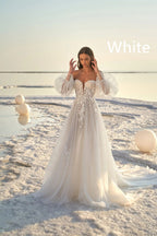 Women's Puff Sleeve Beach Wedding Dress