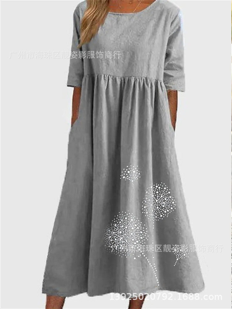 Round Neck Half Sleeve Printed Plus Size Loose Casual Dress