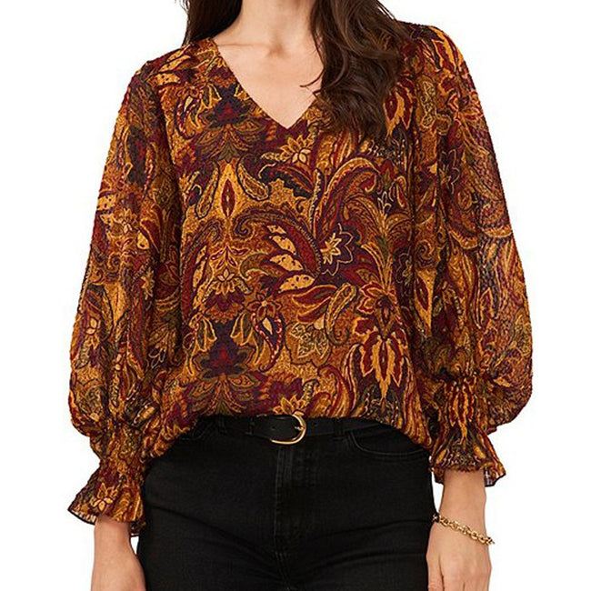Printed V-neck Long T-shirt Loose Top For Women Hover Image