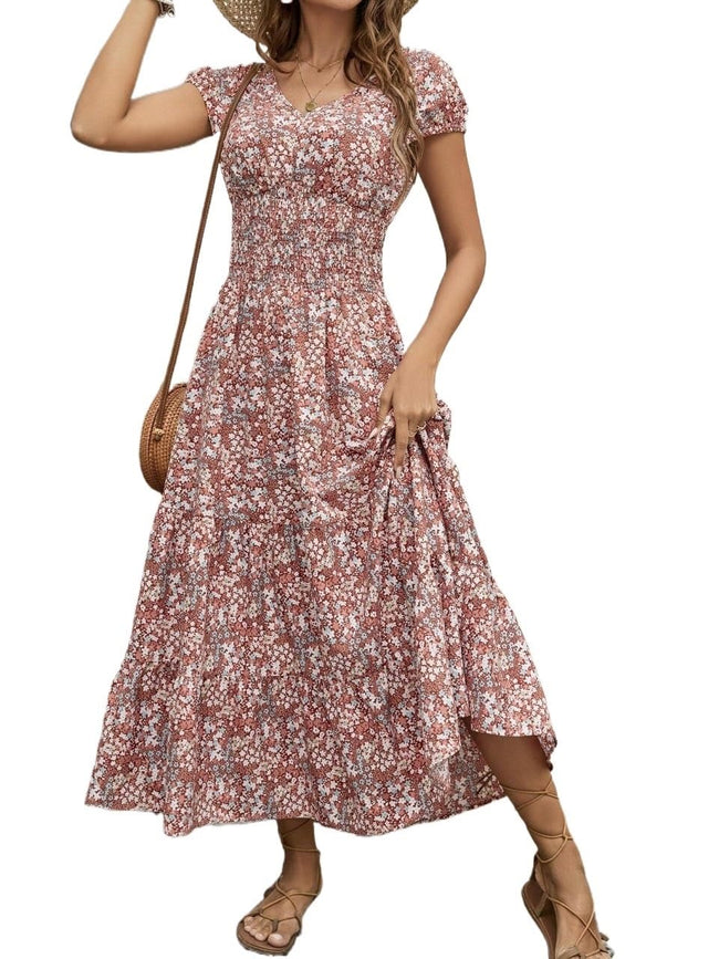 Blossom Chic V-Neck Floral Dress For Women - Soft, Breathable Polyester, Machine Washable, Easy Care, Perfect For Spring, Summer, And Fall Occasions, Everyday Wear, And Outdoor Activities Main Image