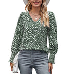 Loose Printed Long Sleeve V-neck Chiffon Shirt For Women