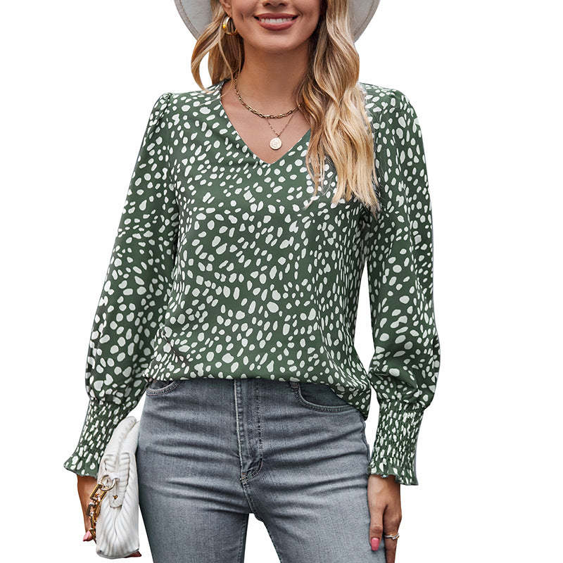 Loose Printed Long Sleeve V-neck Chiffon Shirt For Women