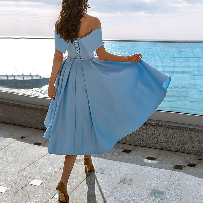 Women's Fashion Casual Strapless Satin Party Dress Off The Shoulder Tea Length Satin Prom Dresses With Pockts Formal Evening Party Dress Main Image