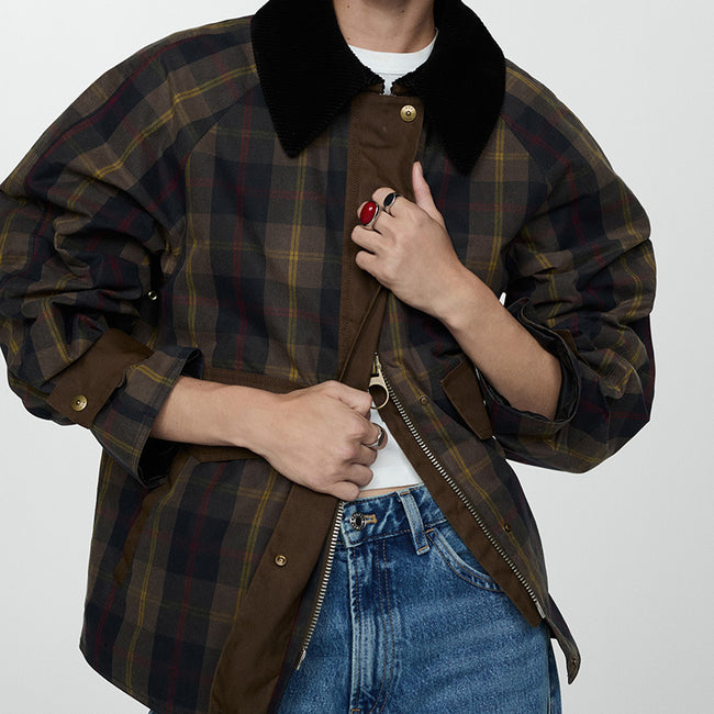 Autumn And Winter Plaid Fur Collar Cotton-padded Coat Hover Image