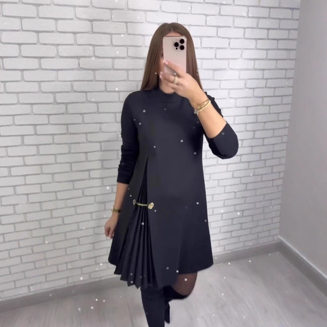 Patchwork Pleated Long-sleeved Dress Fashion Split Dresses Elegant Commuter Women's Clothing Hover Image