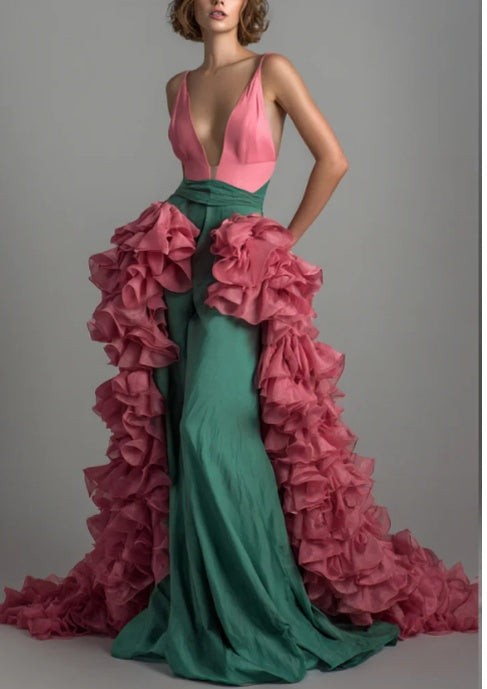 Two-Tone Deep V Gown With Detachable Cascading Ruffle Train Main Image