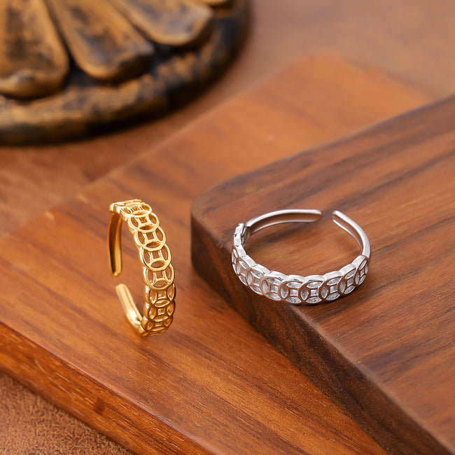 Lucky Coin Titanium Steel Ring For Women & Men, Hollow Coin Design, Feng Shui Wealth Lucky Jewelry, Anti-Fade Couple Rings Hover Image