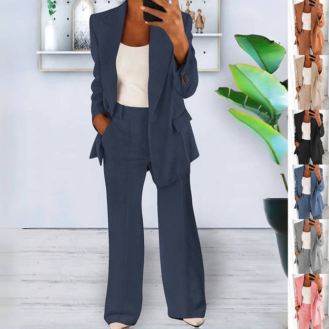 Ins Button Casual Suit Fashion Long-sleeved Lapel Blazer Jacket And Slim-fit Pocket Trousers For Women Clothing Hover Image