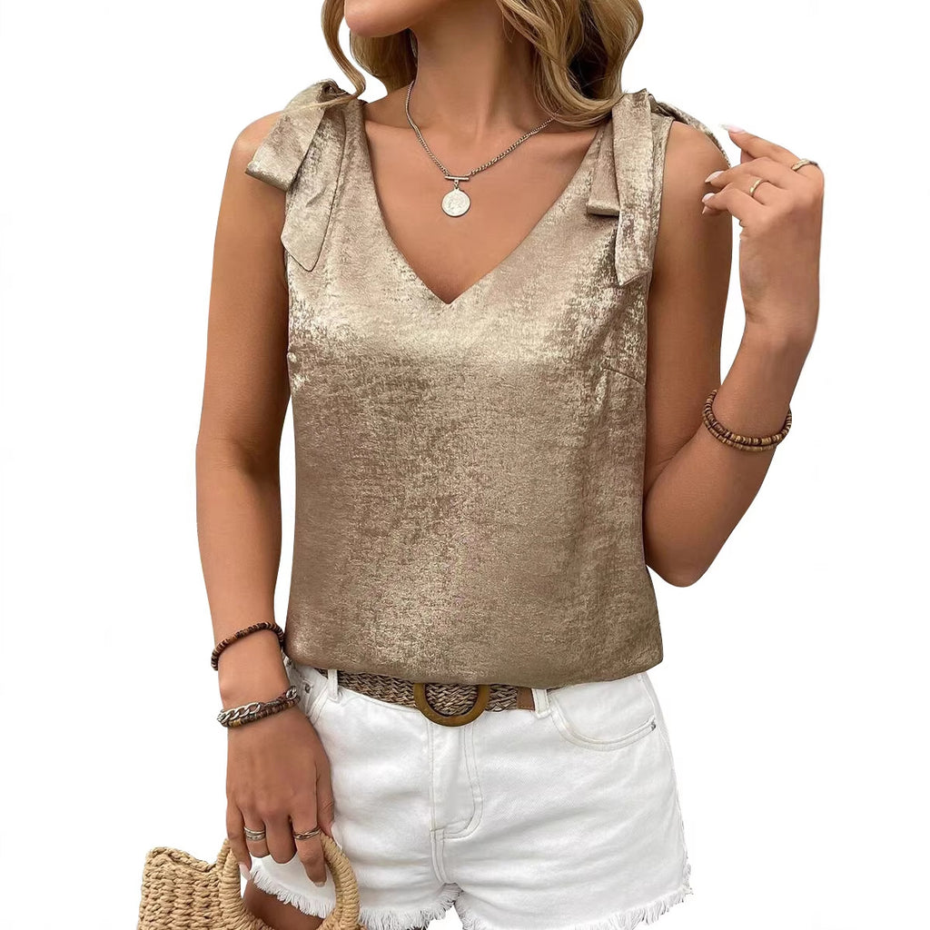 Womens Gold-Embossed V-Neck Lace-Up Bow-Knot Sleeveless Camisole