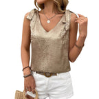 Womens Gold-Embossed V-Neck Lace-Up Bow-Knot Sleeveless Camisole