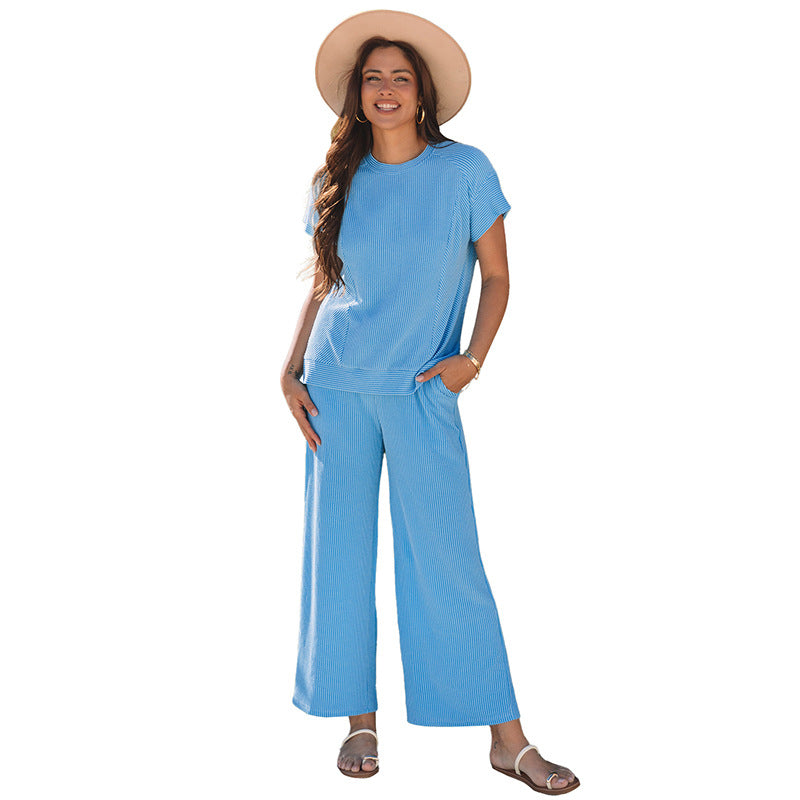 Solid Color Short Sleeve Two-piece Set Women Loose Knit Casual Suit