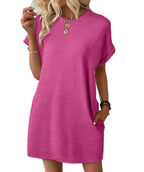 Loose Round Neck Pocket Solid Color Short Sleeve Dress Women