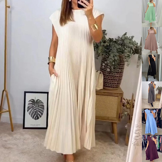 Short Sleeve Pleated Long Dress Summer Round Neck Dress Women's Clothing Hover Image