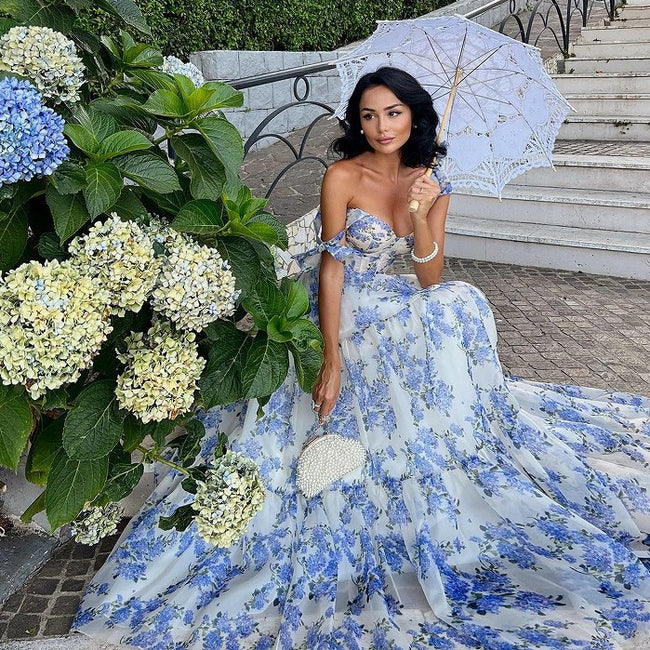 Floral Off-the-shoulder Strap Lace-up Large Swing Skirt Organza Dress Hover Image