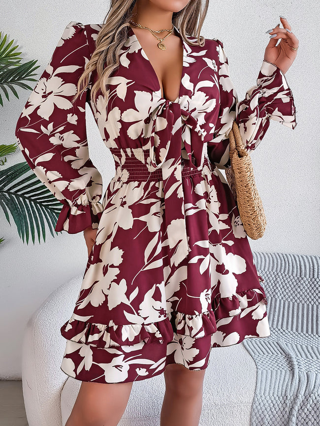 Women's Floral Long Sleeve Scalloped Hem A-Line Dress Main Image