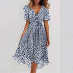 Flowers Printed V-neck Dress Summer A-line Short-sleeved Dresses For Women