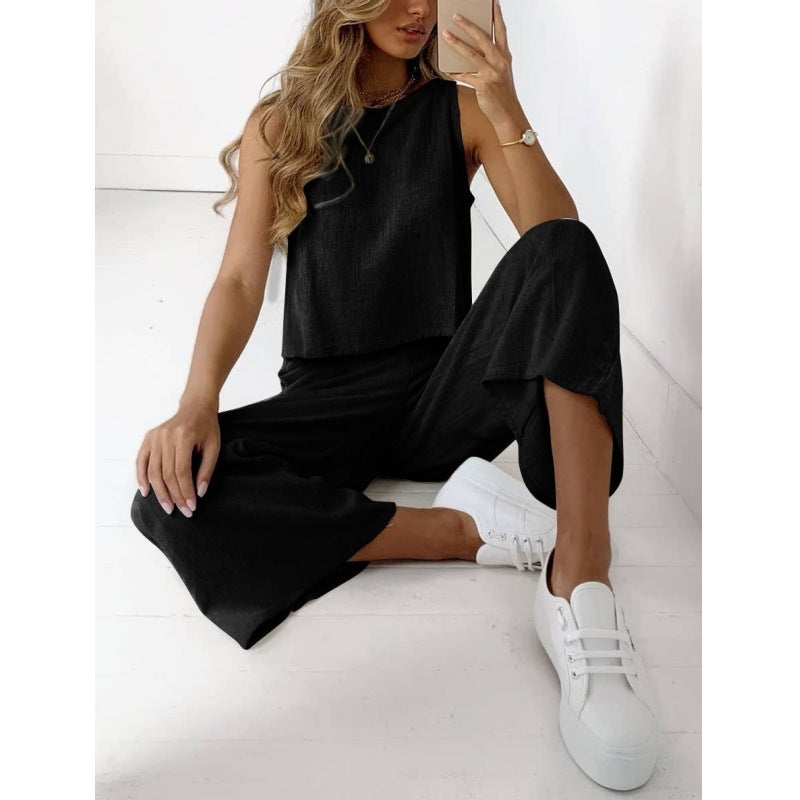 Cotton And Linen Suit Women's Sleeveless Shirt Cropped Wide-leg Pants Two Piece Set
