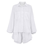 European And American Cotton And Linen White Suit Women's Spring And Summer Long Sleeves Shorts Two-piece Set