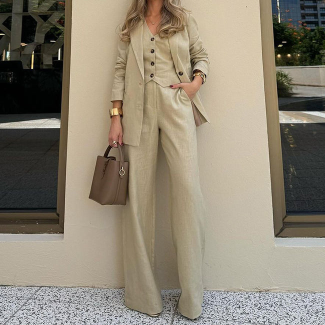 Fashionable Chic Solid-Colored Blazer Vest Wide-Leg Pants Three-Piece Suit Set Hover Image