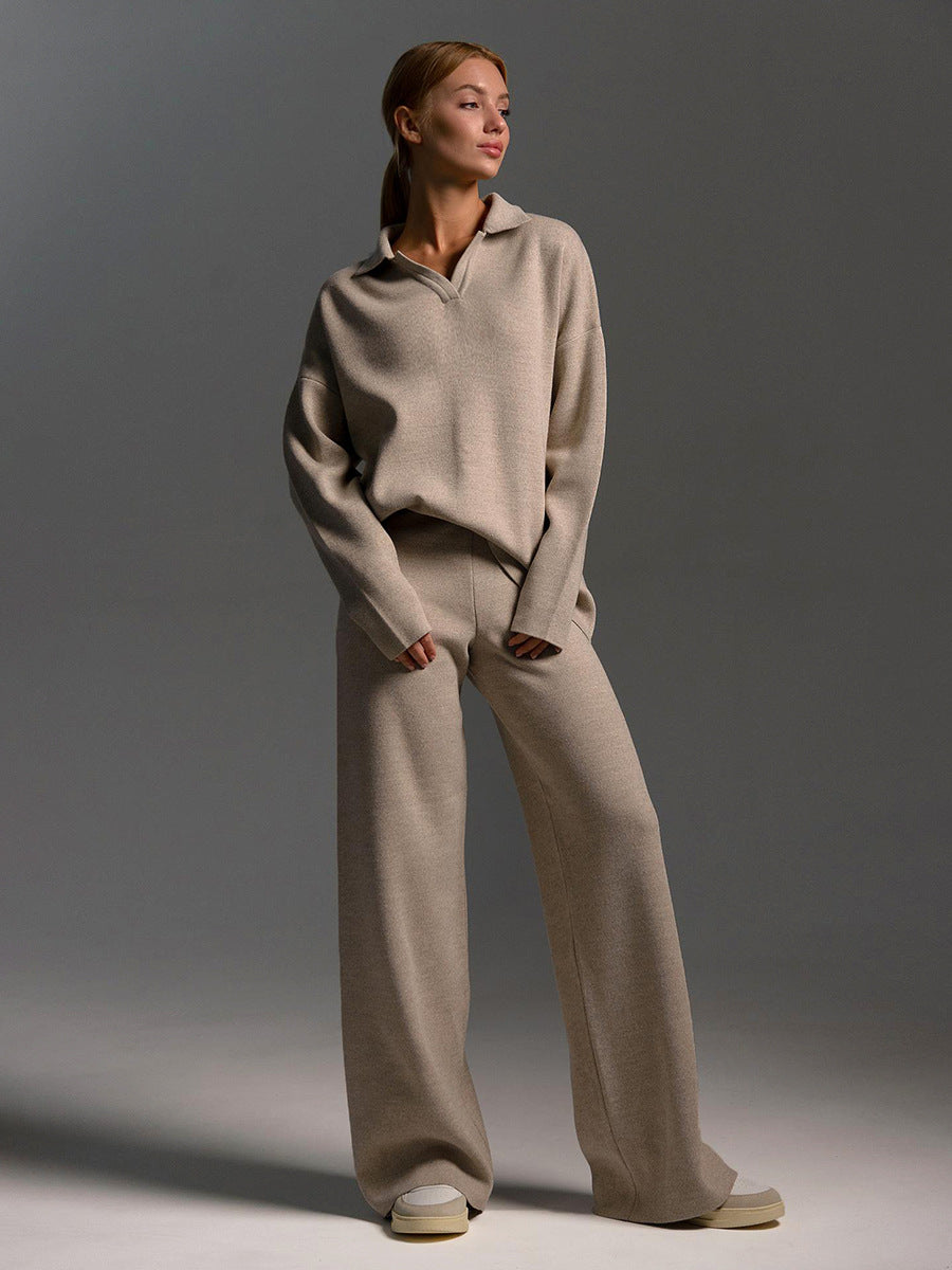 Women's Sweatshirt Suit Casual Collared Long-Sleeved Pullover Top And Loose Straight-Leg Pants Fashion Sport Trousers Set