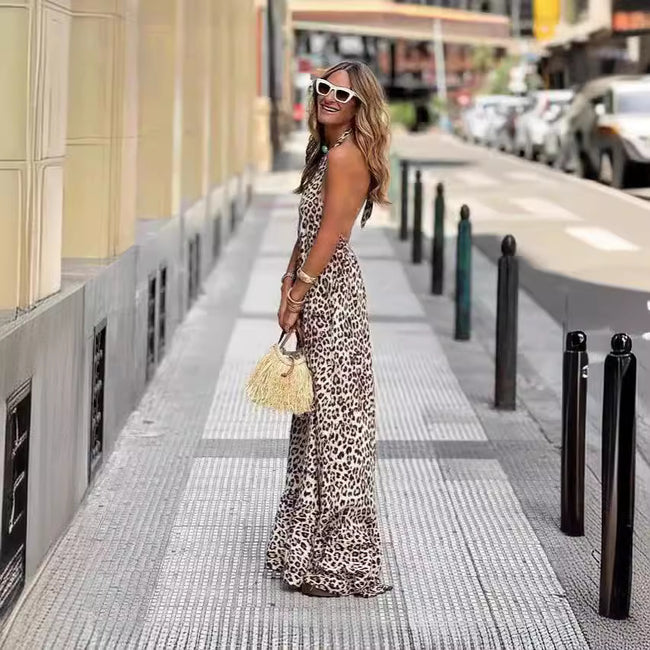 Leopard Print Printed V-neck Halter Backless Suspender Dress Main Image