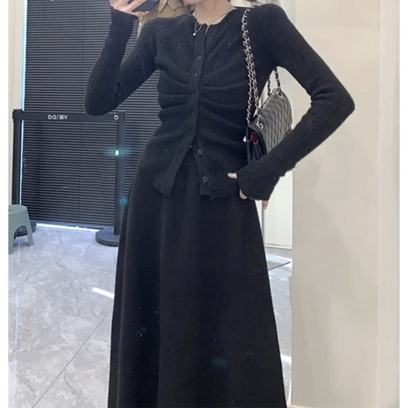 Elegant Pleated High Waist Two-piece Set Sweater Suit