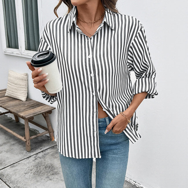 Casual Striped Long-sleeved Shirt Thin Coat For Women Main Image