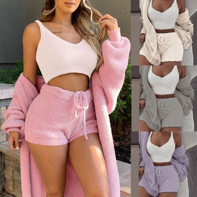 Winter Sexy Women Home Wear Suit Casual Pajamas Set Lady Female Soft Warm Long Sleeve Exposed Navel Vest Shorts Set Hover Image