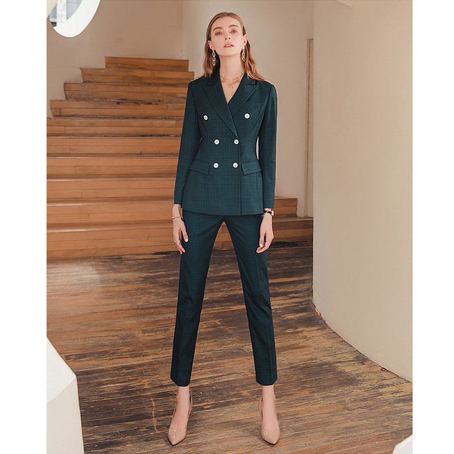 High-end Professional Dark Green Plaid Suit Set Main Image