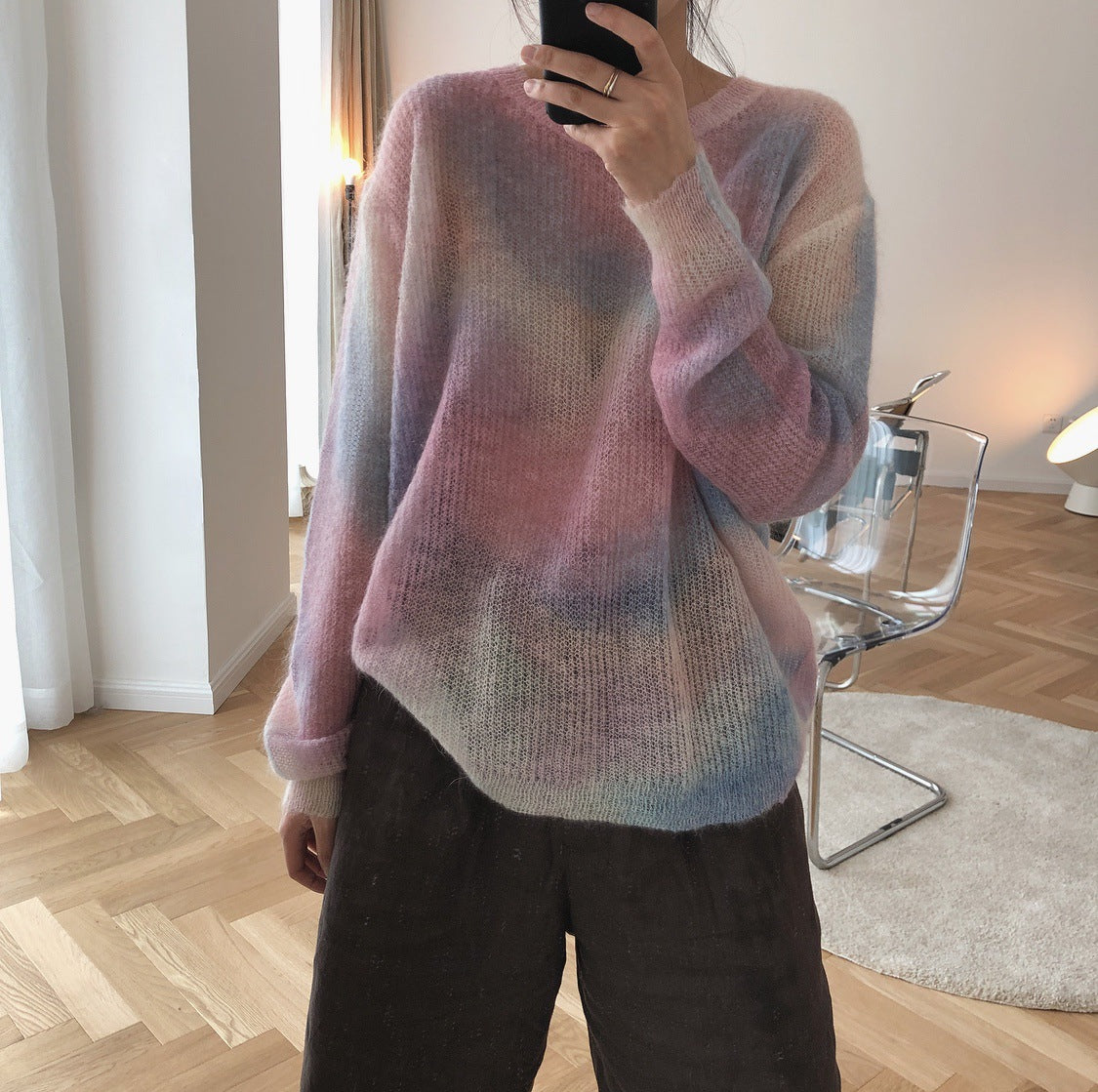 Perspective Round Neck Loose Mohair Sweater Knit Sweater Women Thin