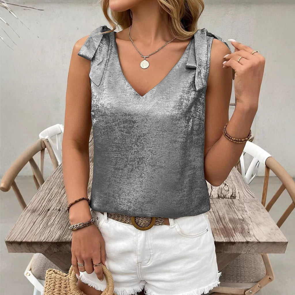 Womens Gold-Embossed V-Neck Lace-Up Bow-Knot Sleeveless Camisole