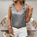 Womens Gold-Embossed V-Neck Lace-Up Bow-Knot Sleeveless Camisole