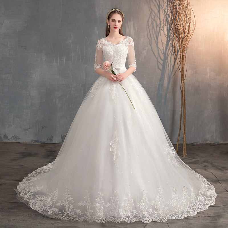 Wedding Dress Tail Deep V-neck Lace