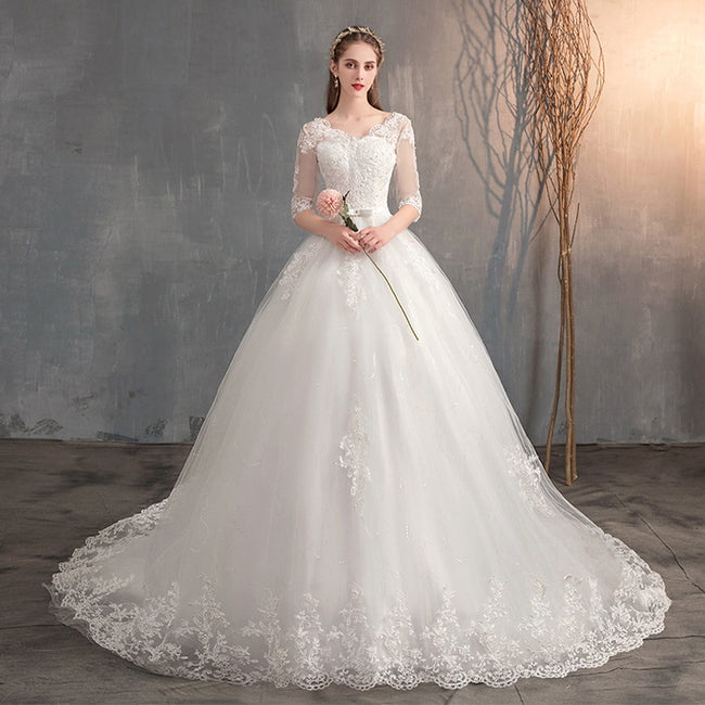 Wedding Dress Tail Deep V-neck Lace Hover Image