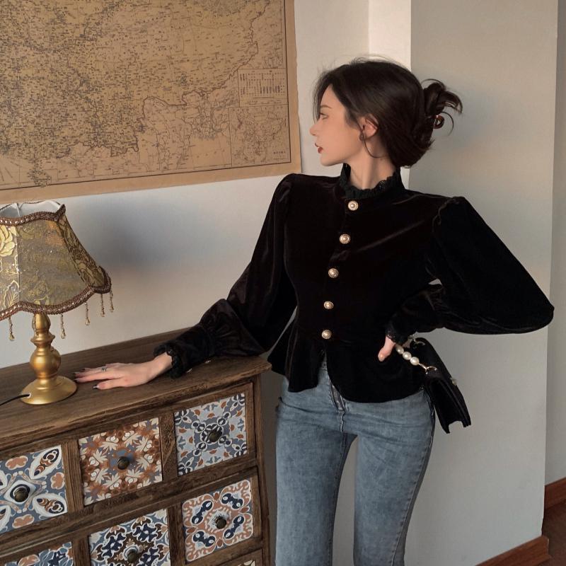 French Royal Style Velvet Lace Shirt For Women