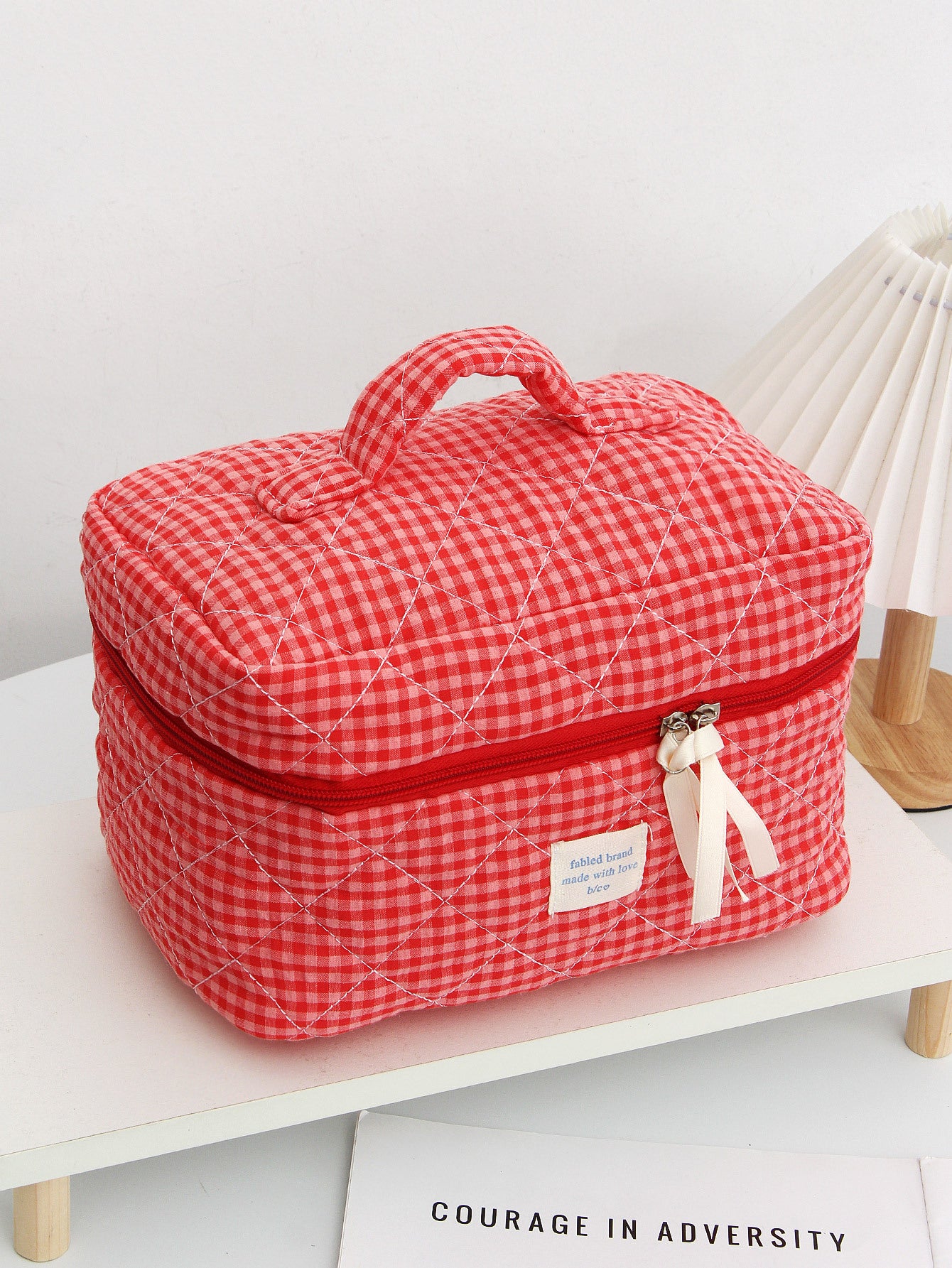 Red Plaid Makeup Bag Portable For Travel