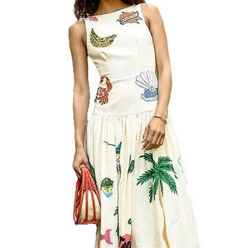 Sleeveless Off-neck Printed Backless Dress