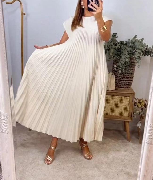 Short Sleeve Pleated Long Dress Summer Round Neck Dress Women's Clothing Main Image