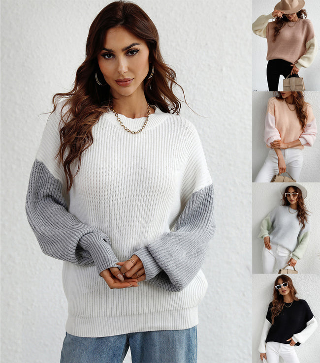 Round Neck Sweater Long Sleeve Striped Loose-fitting Oversized Sweater Women Main Image