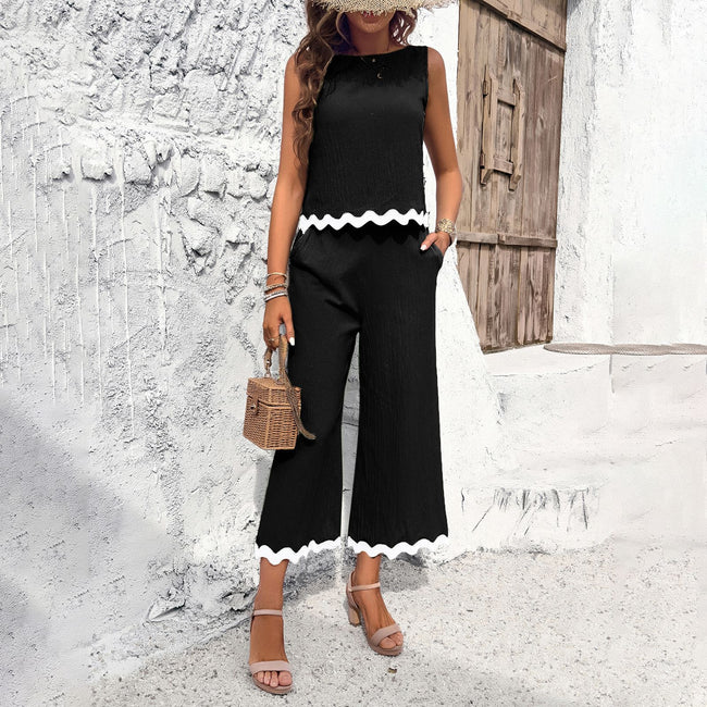 Summer Wave Print Suit Sleeveless Top And Straight Trousers Fashion Casual Solid Color 2pcs Set For Womens Clothing Main Image