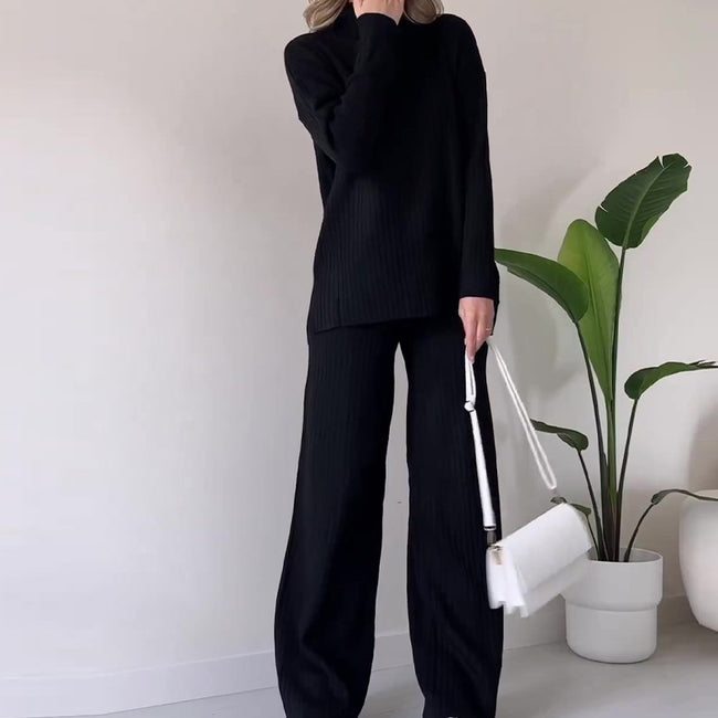 Turtleneck Knitted Suit Loose Split Design Long-sleeved Top And Straight Trousers Fashion Casual Solid Set Women's Clothing Main Image
