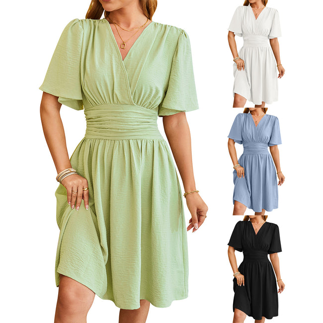V-neck Short-sleeved Dress Fashion Bell-sleeved Dress Summer Womens Clothing Hover Image