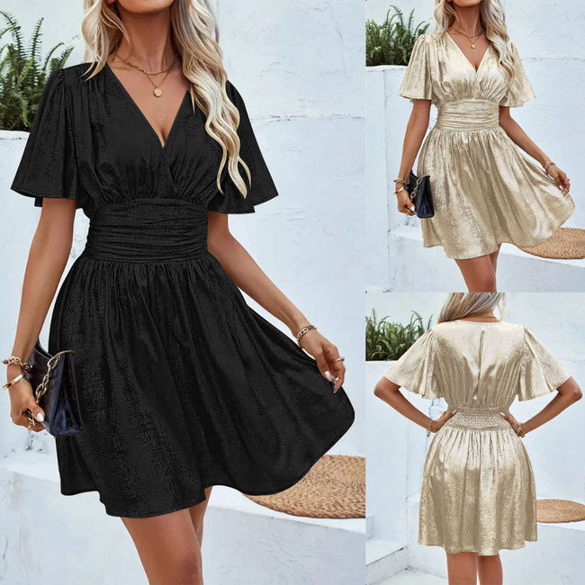 Solid Color And V-neck Ruffle Sleeve Dress Hover Image