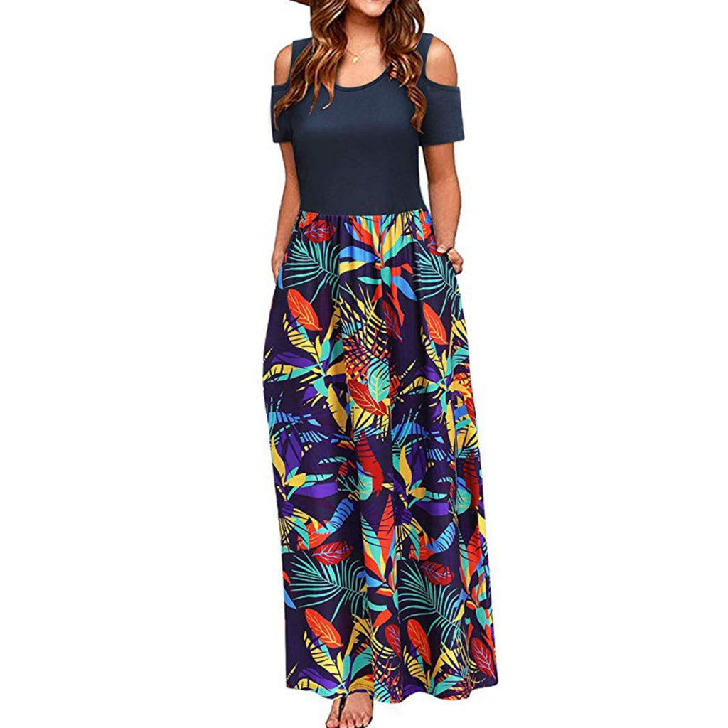 Flower Multicolor Printing Short Sleeve And Long Pattern Dress